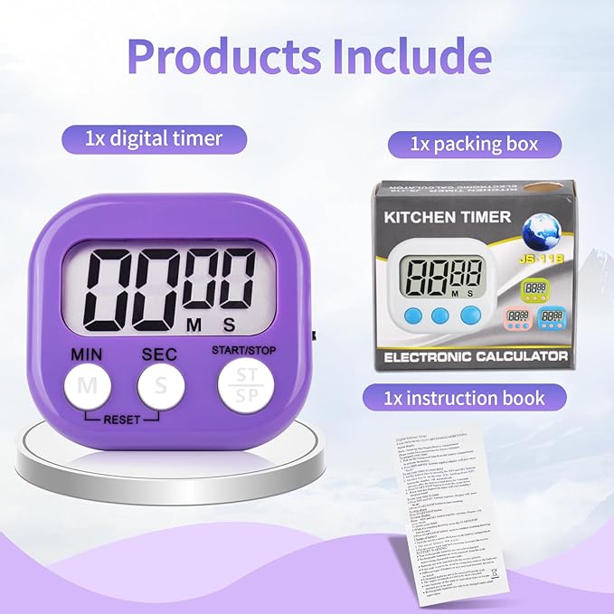 12 Pack Digital Kitchen Timer Magnetic Digital Timer with Big Display Loud Ring Cooking Timers for Kitchen Electronic Timer for Cooking, Bathing, Gym, Break Time, Classroom(12,White,Blue,Purple)
