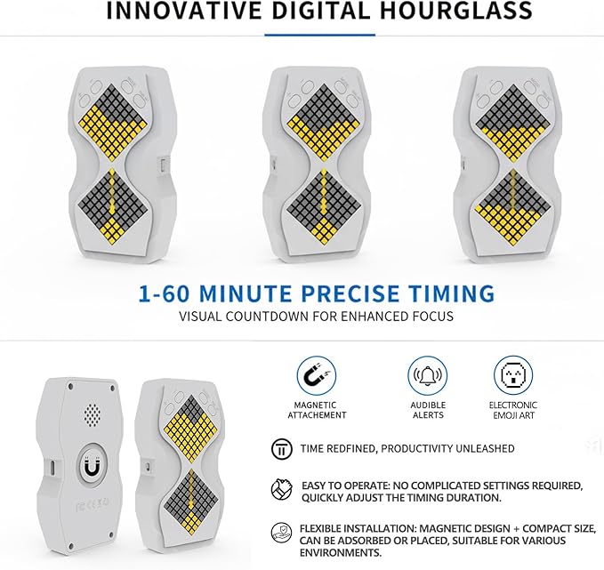 LED Visual Hourglass Timer, 1-60 Minute Countdown with Magnetic Mount, Buzzer Alert & Dimmable Night Light, Sand Timer for Kids Learning, Classroom, Cooking, Chess, Fitness & Baking(White)