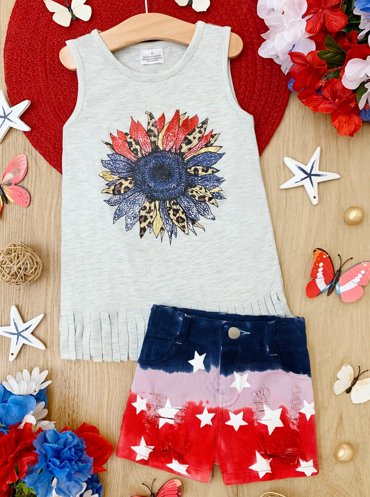American Flower Fringe Tank Top and Denim Shorts Set