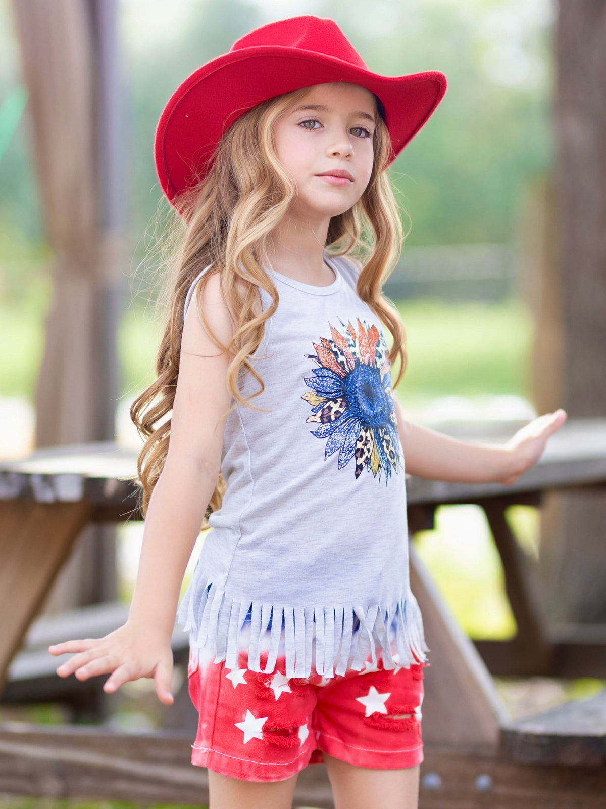 American Flower Fringe Tank Top and Denim Shorts Set