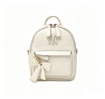 Mini Embossed Pattern Backpack for Women, Cute Bow Pendant Small Daypack, PU Leather Casual Rucksack Multi‑Way Shoulder Bag for Daily Use