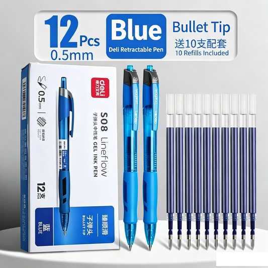 Retractable Blue Gel Pens 12 Pack 0.5mm Bullet Tip with 10 Refills, Smooth Ink Pens for Student & Office