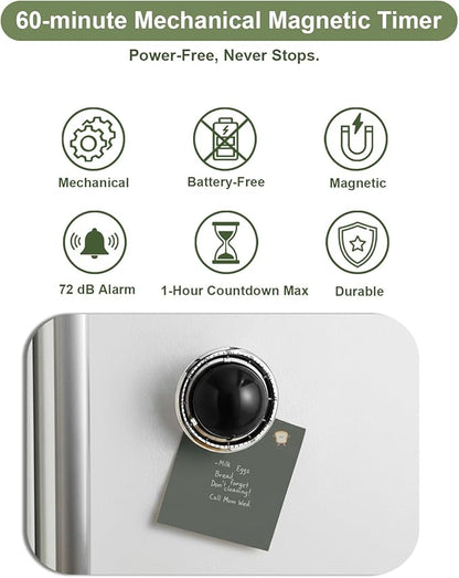 Kitchen Timer, 60-Minute Mechanical Timer with Magnetic Back - No Batteries Required - Loud Alarm, Wind Up Manual Time Countdown Reminder for Cooking, Baking, Exercise, Study, Working, Gaming, Black