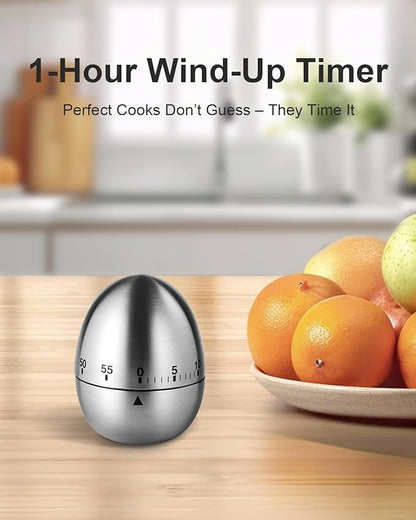 Kitchen Timer for Cooking, 60 Minutes Mechanical Timer - No Batteries Required, Stainless Steel Egg-Shape Cute Countdown Clock for Cooking, Learning, Exercises, Gaming