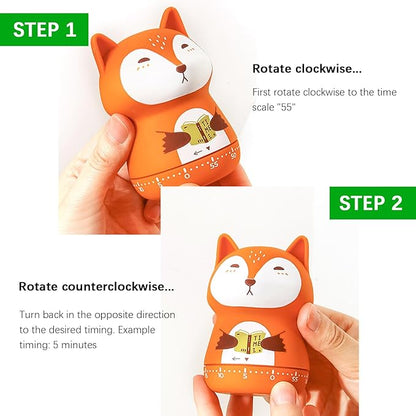 Cute Orange Fox Mechanical Kitchen Timer, 60-Minute Manual Wind Up Countdown Clock, Premium Matte Finish Visual Timer for Kids Study, Homeschooling, Classroom & Task Management (Fox Orange)