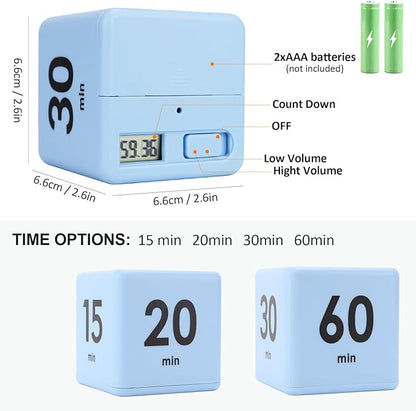 Feilifan Cube Timer,Productivity Timer Kids Time Timer Gravity Sensor flip Timer for Time Management and Countdown Settings 15 20 30 60 Minutes, Blue