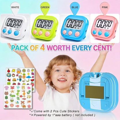 Antonki 4 Pack Digital Timer for Kids, Kitchen Timer for Cooking, Classroom, Study, Exercise with Countdown/Up Mode - Loud Alarm, Large Display - AAA Battery Operated (Not Included)