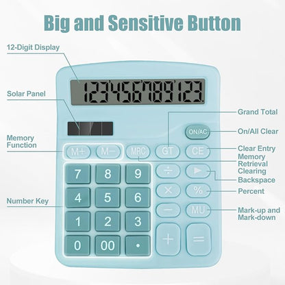 Desktop Calculator, Light Blue Calculator Big Buttons, 12-Digits | Large LCD Display, Solar and AA Battery Dual Power, Desk Calculators for Office Home School Business Class (Light Blue)