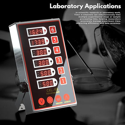 Commercial Kitchen Timer with 6 Channels, Professional LED Digital Timer for Cooking, Loud Alarm Volume +/-, Heavy Duty Stainless Steel Large Timers with Waterproof Panel & Memory Function