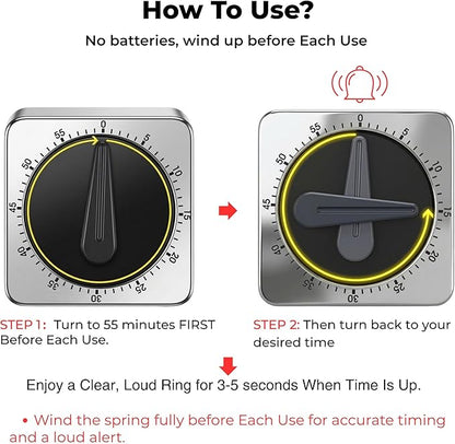 Searon Kitchen Timers for Cooking, Mechanical Wind Up Timer with Loud Ring, Magnetic Back, No Battery Needed, Stainless Steel Countdown Timer for Cooking and Baking