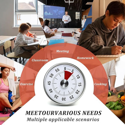 Kitchen Timer for Cooking,Chef Cooking Timer Clock,Visual Timers,60-Minute Countdown,Magnetic Base, Mechanical Clockwork,No Batteries Required,Ringer Alert,Timers for Kitchen/Study/Work/Gym,White