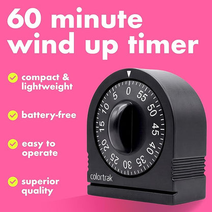 60 Minute Wind Up Timer, Visual Mechanical Timer, from 0 to 60 Minutes, for Kitchen, Hair Color Processing, Tanning Time, Kids' Home and Classroom Activities or Timeouts, Black