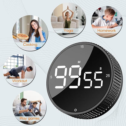 Upgrade Digital Kitchen Timer - 2 Pack Magnetic Countdown Countup Visual Pomodoro Timer with Large LED Display, 3-Preset Times, 3 Volume Levels, Ideal for Cooking, Baking and Fitness (2, Black)