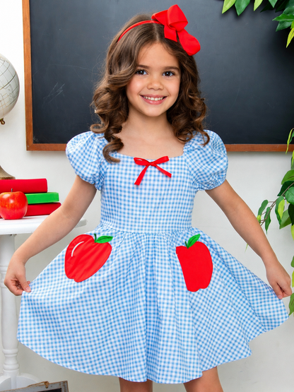 Apple Sweetheart Gingham Puff Sleeve Cotton Dress