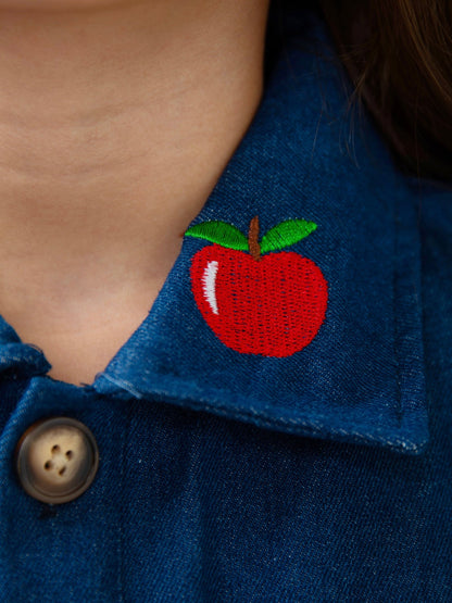 Apple Charm Embroidered Denim Dress