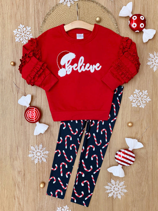 "Believe" Embroidered Christmas Top & Candy Cane Legging Set