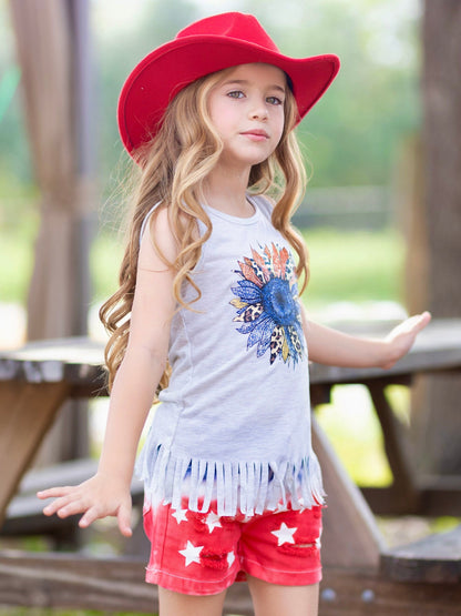 American Flower Fringe Tank Top and  Denim Shorts Set