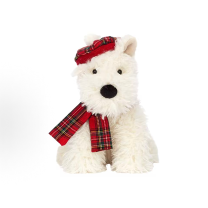 Monroe West Highland Terrier Plush Toy, White Scottie Dog Stuffed Animal with Red Tartan Beret & Scarf, Cute Soft Puppy Doll Christmas Holiday Gift for Kids